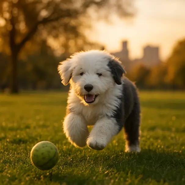 Old English Sheepdog puppy running after a ball in a park during golden hour with trees in the background