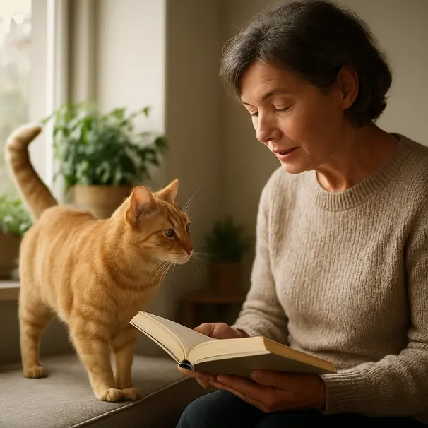 Carer seated low reading aloud as an orange tabby cat approaches on a windowsill, morning light, plants in background