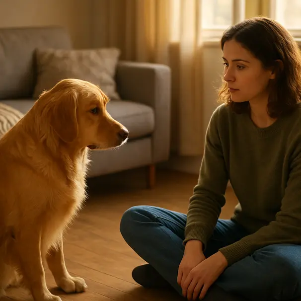 Pet carer sitting on a living room floor meeting a cautious golden retriever, late afternoon light, blanket on couch
