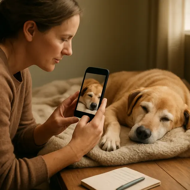Pet carer photographing a sleeping senior dog on a blanket with a smartphone indoors, late afternoon light, notepad nearby