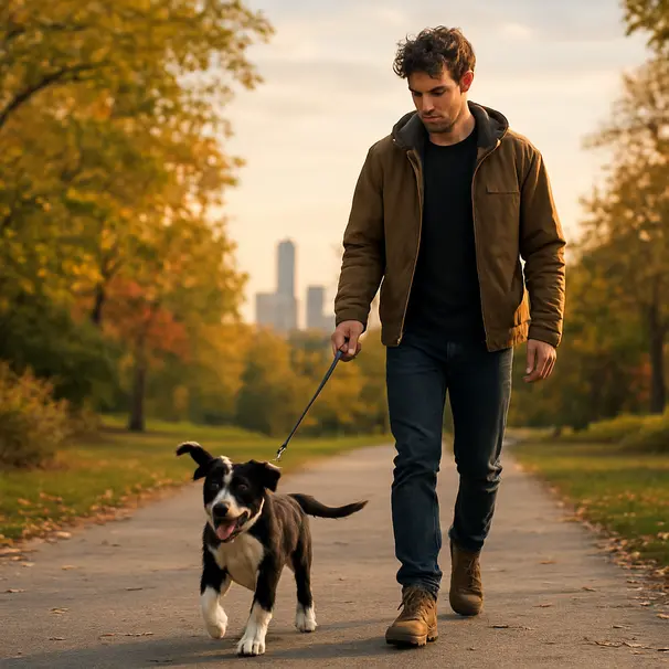 Dog walker guiding a playful mixed-breed puppy along a leafy park path at golden hour, city skyline faint in distance