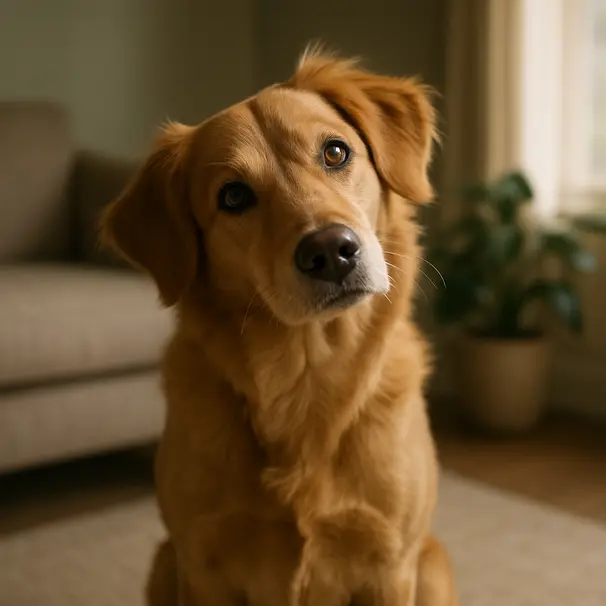 Golden-retriever-mix dog indoors tilting head while listening, living room setting with soft window light and a plant in the background