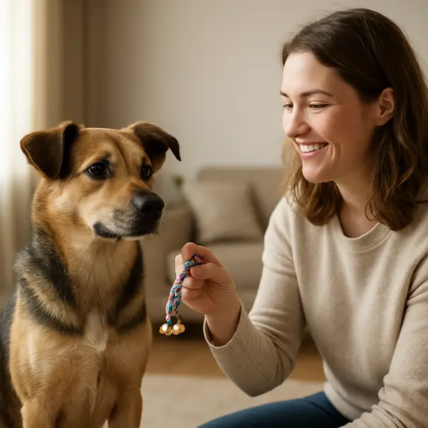 Pet carer indoors encouraging a medium mixed-breed dog to tilt its head using a jingling toy, cozy home environment