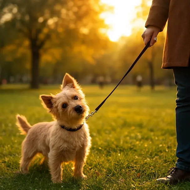Small terrier on leash outdoors in park tilting head toward caregiver, golden hour light and grassy background