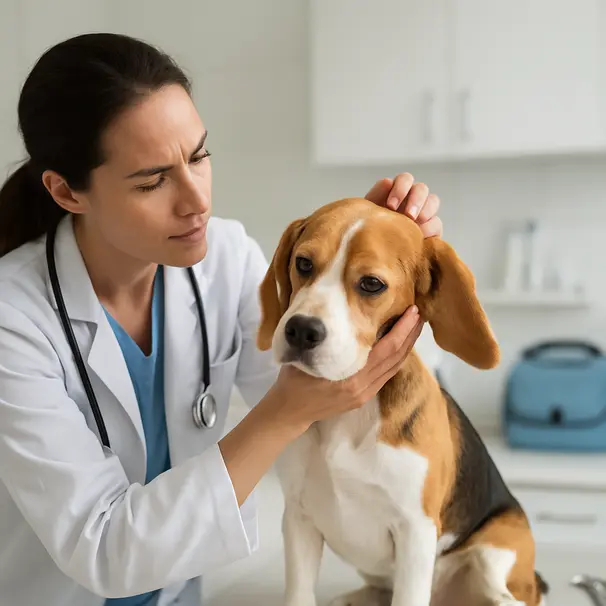Veterinarian examining a Beagle's ears in a clinic as the dog tilts its head slightly, clean clinical environment