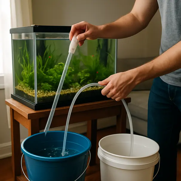 Persoon voert gedeeltelijke waterverversing uit met sifon bij een aquarium in huis