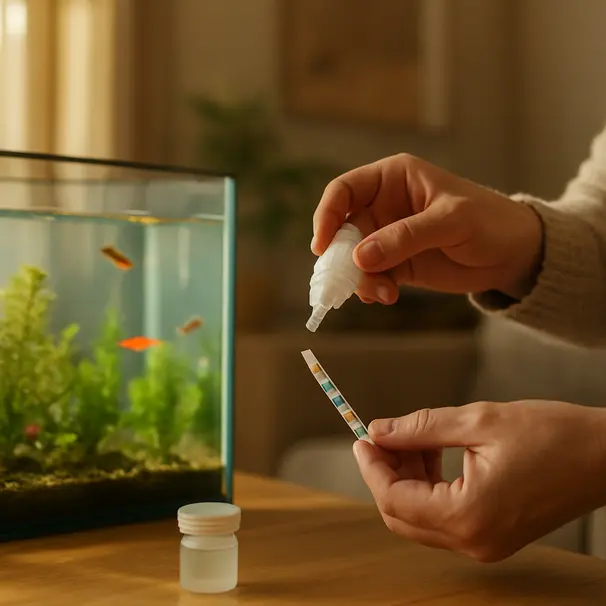 Persoon test water met teststrips bij een helder aquarium, handen en testkit zichtbaar