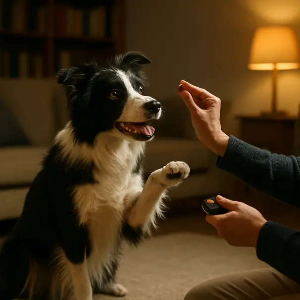 Border collie in an evening living room training session with a trainer using a clicker and treats, mid-action capture showing focus and movement.