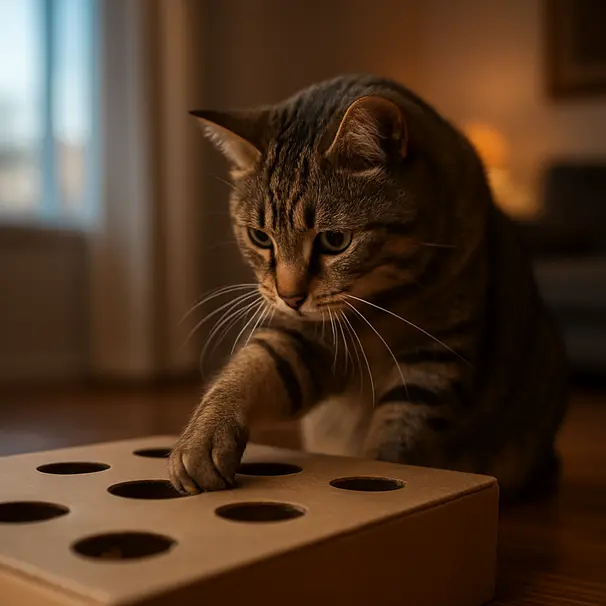 Tabby cat in a cozy living room at dusk, reaching a paw into a cardboard puzzle box to find hidden treats, close-up shot.