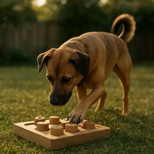 Mixed-breed dog outdoors using a wooden puzzle feeder on grass, interacting with the puzzle with its paw and nose during late afternoon.