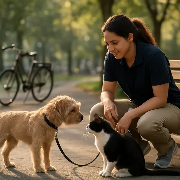 Pet carer in a city park watching a small dog gently sniff a calm black-and-white cat on a leash, with trees and bicycles in the background.