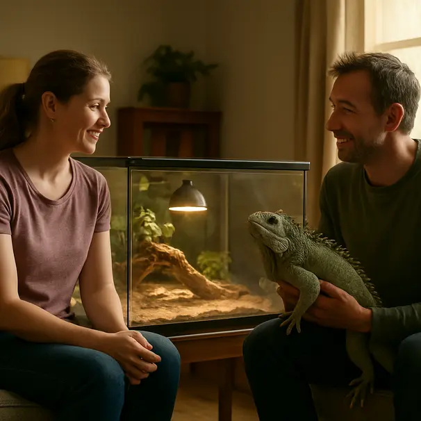 En pet carer och reptilägare i ett vardagsrum bredvid ett terrarium under eftermiddagsljus, lugn introduktion