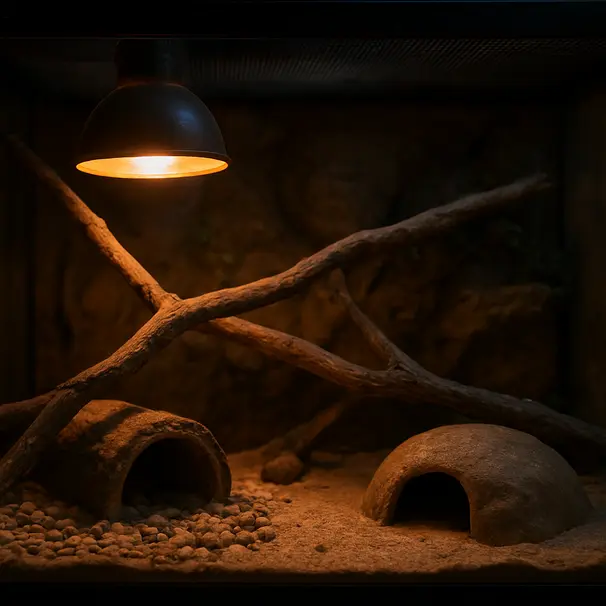 Närbild på ett välinrett terrarium med värmelampa, klättergrenar och gömställen, fokus på miljö