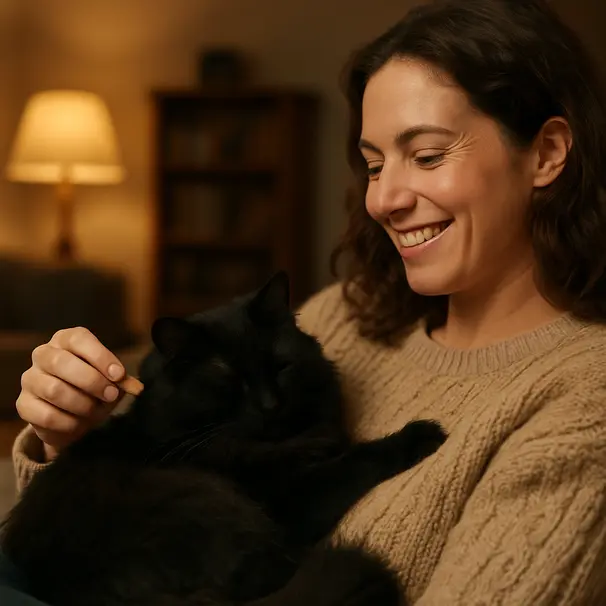 Black long-haired cat resting on a person's chest in a warm living room after nail trimming, showing bonding and relaxation