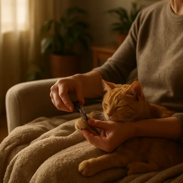 Person trimming an orange tabby cat's nail on a lap in a sunlit living room, showing paw handling and calm environment