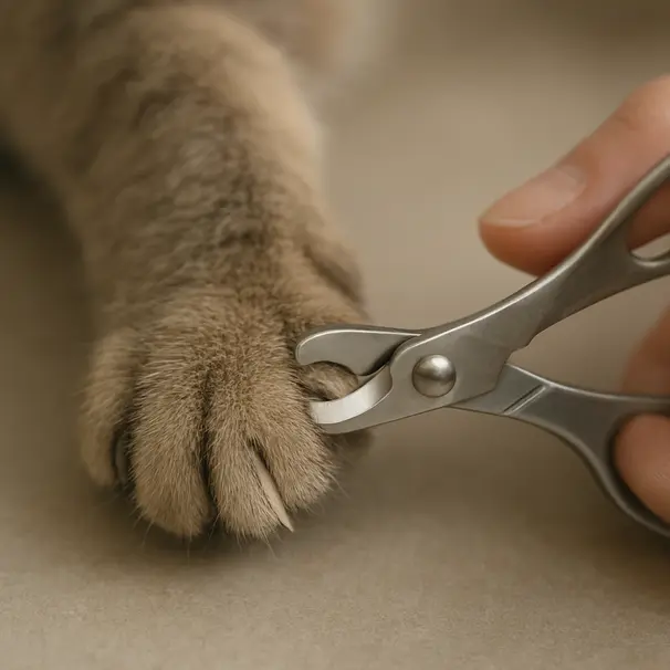 Close-up of cat's paw with clippers trimming the nail tip, highlighting proper angle and exposed claw