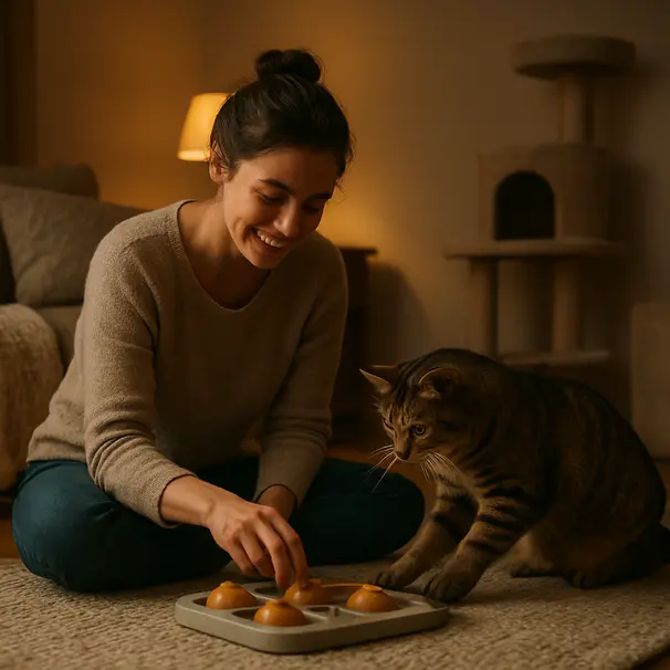 Pet carer playing with a cat using a puzzle toy on the living room floor under warm evening light