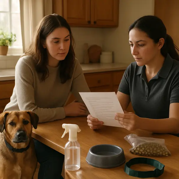 Pet owner handing a printed checklist to a pet carer at a kitchen table while a calm mixed-breed dog sits nearby in a bright home