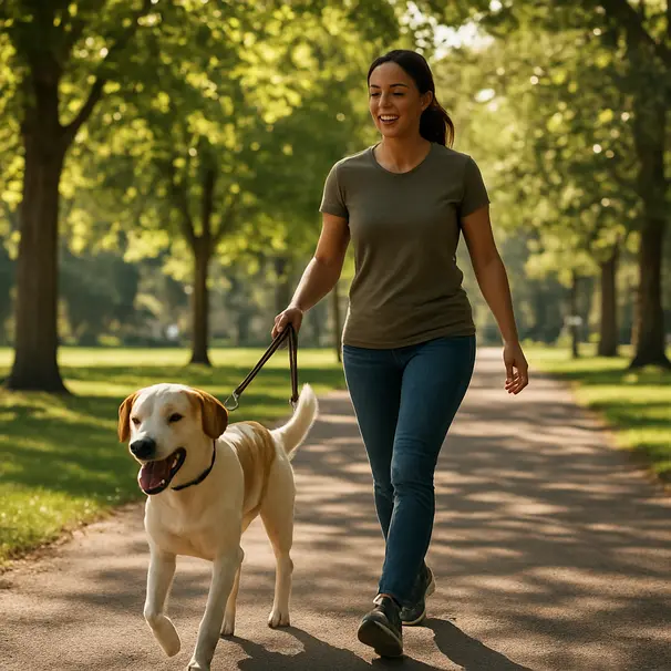 Pet carer walking a happy dog on a sunlit park path with trees and city buildings in the background