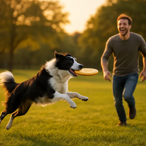 Border collie leaping to catch a frisbee in a green park during late afternoon, owner running nearby