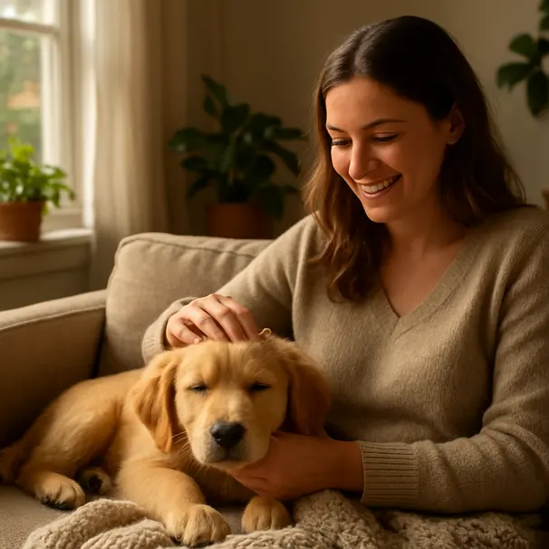 Golden retriever puppy on a sunlit couch being gently petted by its owner in a cozy living room
