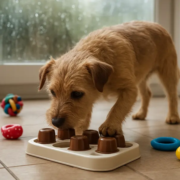 Small terrier working on a puzzle feeder indoors on a rainy day, toys and raindrops visible through the window