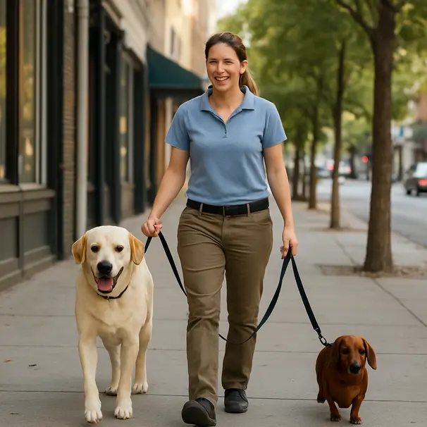 Professional pet carer walking a Labrador and a Dachshund together on a city sidewalk near shops and trees