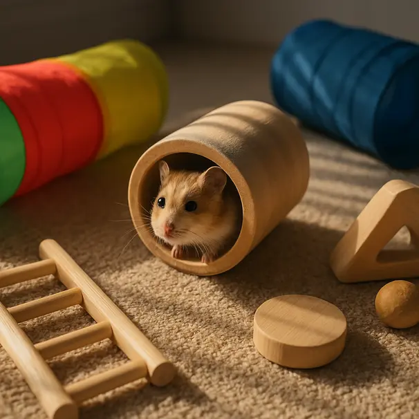 Hamster die uit een tunnel piept in een speelruimte met speelgoed