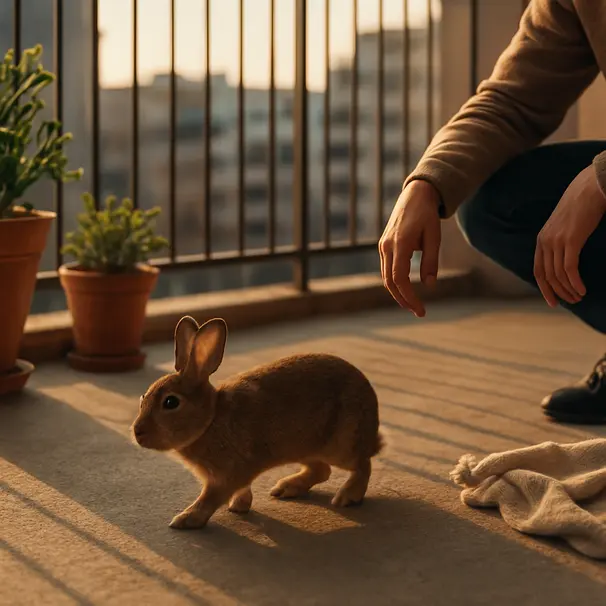 Konijn op een veilig balkon, onder toezicht, met planten en deken