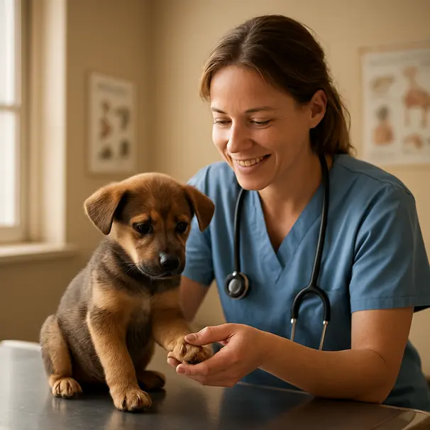 Small mixed-breed puppy on a clinic exam table, vet gently checking paws in a warm, well-lit veterinary room