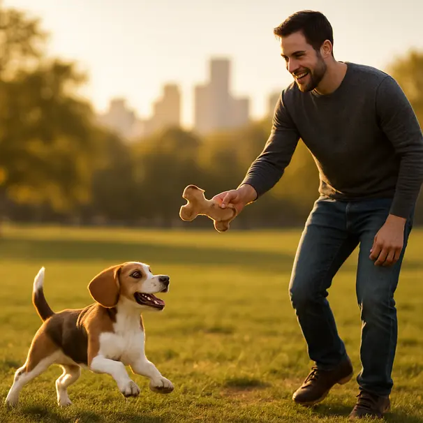 Beagle puppy running in a park toward a dog walker holding a toy, golden hour lighting and city skyline in background