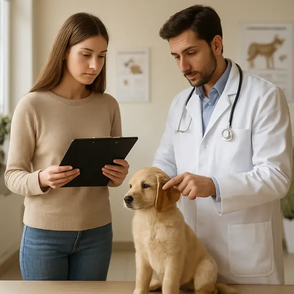 Dog owner and veterinarian discussing vaccination schedule, golden retriever puppy sitting calmly on clinic floor