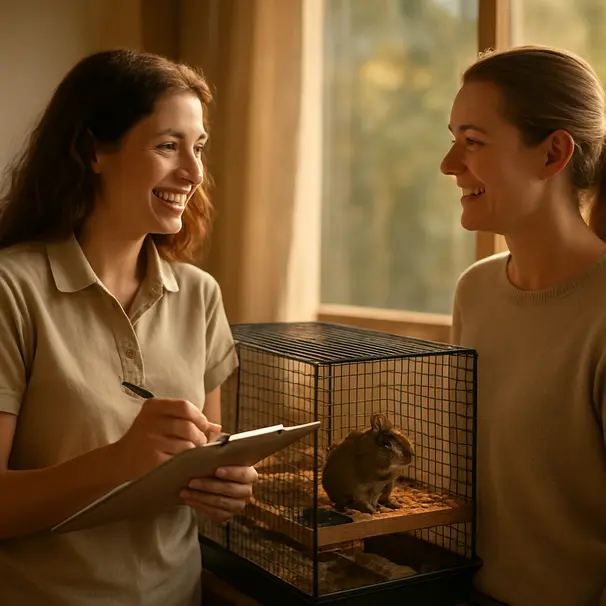 Pet carer e proprietario conversano vicino all'habitat mentre prendono appunti, piccolo mammifero visibile all'interno