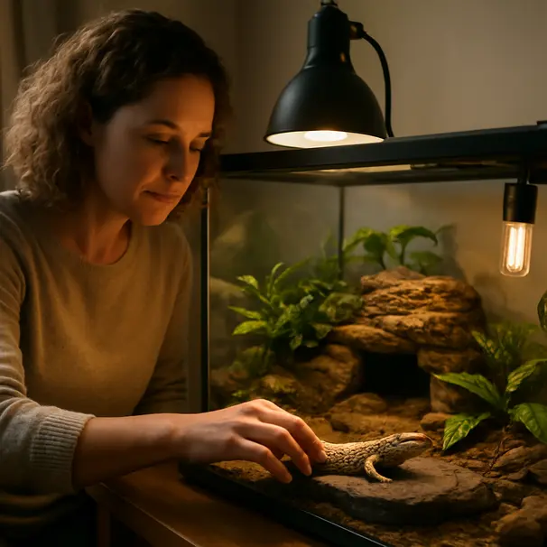 Proprietario sistema un terrario con lampada riscaldante, piante e termometro, ambiente domestico ben illuminato