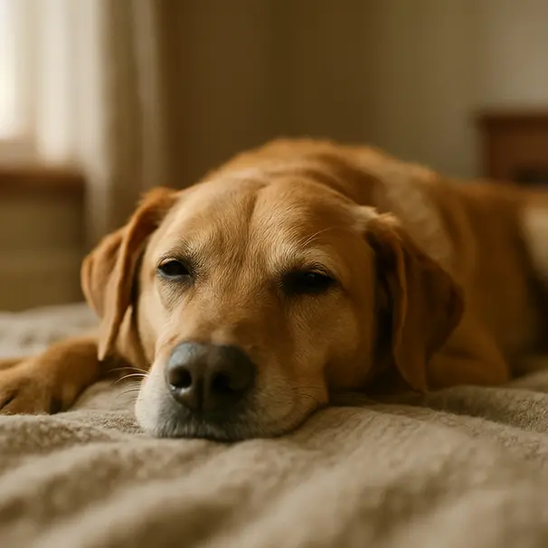 Close-up of a Labrador mix lying on a blanket indoors, head turned slightly, showing a cool damp nose and soft morning light