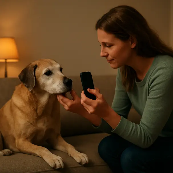 Pet carer photographing an elderly mixed-breed dogs nose on a couch during a home visit, warm lamp light and calm expression