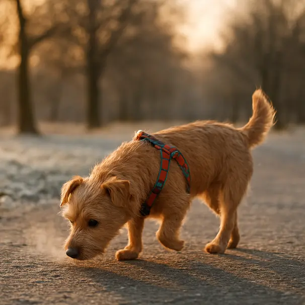 Small terrier in a harness walking on a frosty path, sniffing the ground with visible breath in cool air, park trees and warm sunlight