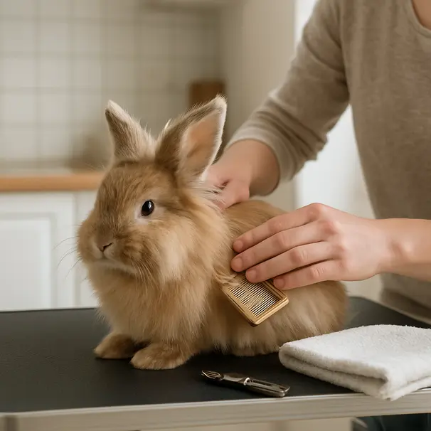 Person grooming a long-haired rabbit on a small grooming table in an apartment kitchen with grooming tools visible