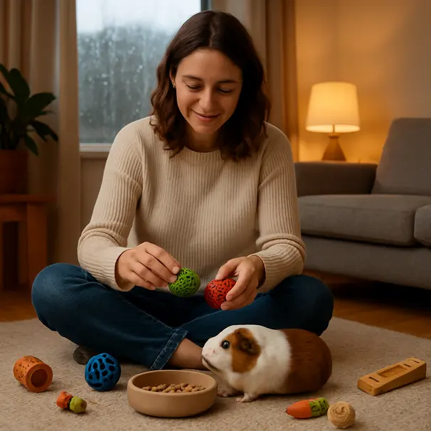 Pet carer interacting with a guinea pig on a living room rug using enrichment toys during rainy afternoon