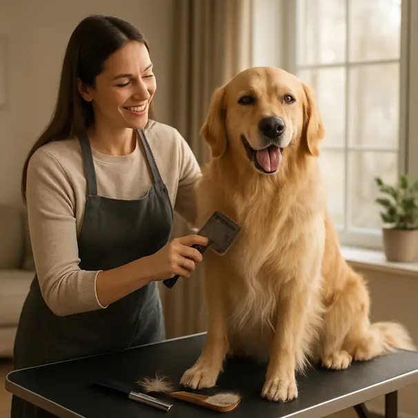 Golden Retriever being brushed on a grooming table indoors by a pet carer, sunlight coming through a nearby window, grooming tools visible