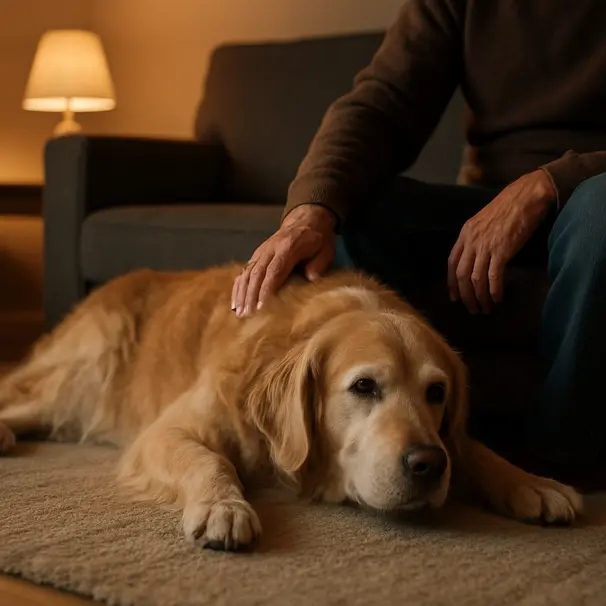 Senior Golden Retriever resting on a rug with a person sitting on a sofa nearby, soft lamp light, calm affectionate interaction