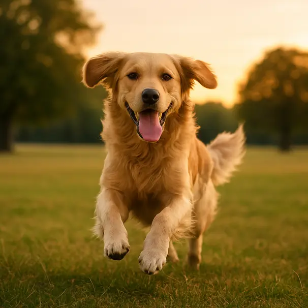 Golden Retriever running energetically across a grassy park at golden hour, ears back and tongue out, trees and warm sky in the background