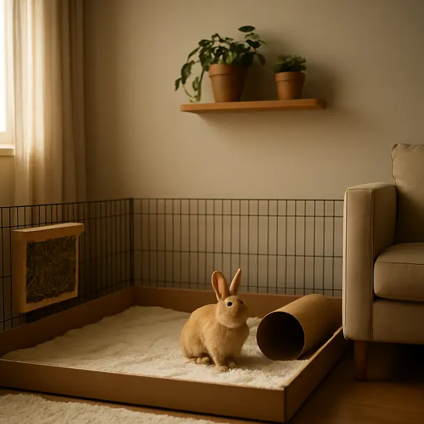 Rabbit resting in a roomy apartment habitat with hay rack, bedding, playpen and natural morning light