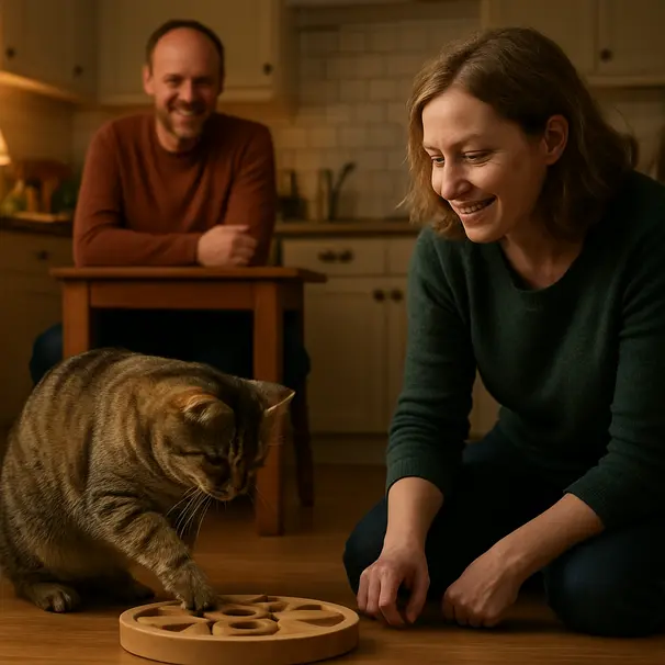 Tabby cat interacting with a puzzle feeder on a kitchen floor as a pet carer and owner look on
