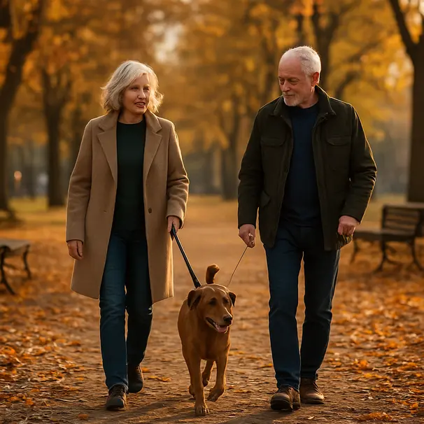 Owner and pet carer walking a brown dog together in an autumn park with leaves on the path