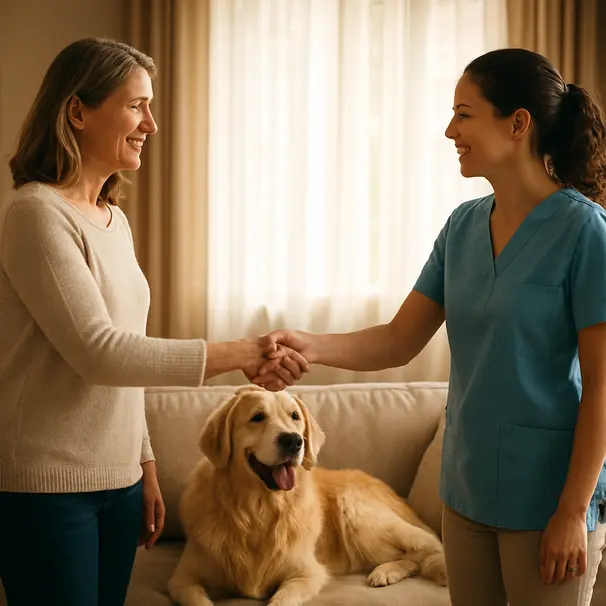 Owner and pet carer meeting in a sunlit living room with a golden retriever sitting on a sofa, friendly interaction