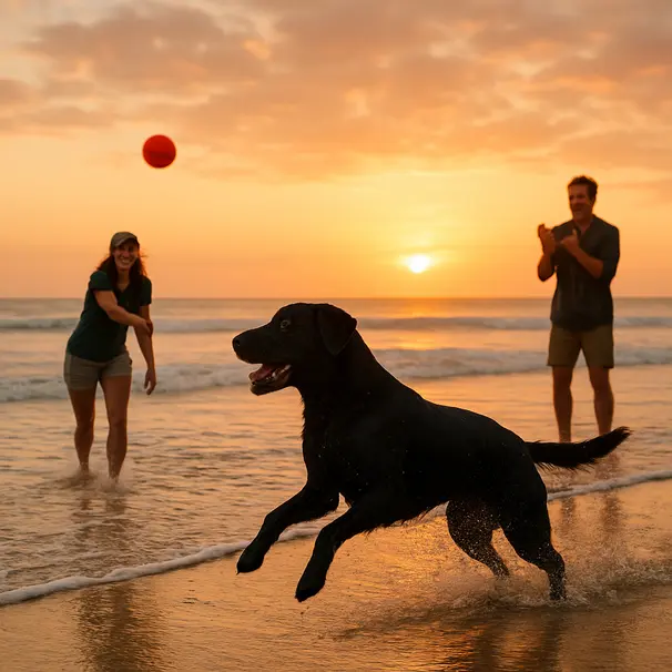 Black Labrador chasing a ball on a beach at sunset with a pet carer throwing and the owner nearby