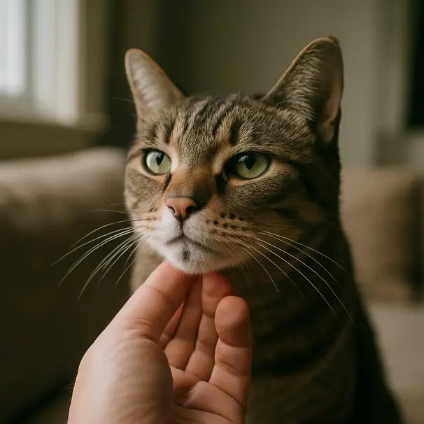 Close-up of a short-haired cat's chin with a small blackhead, owner lifting chin indoors