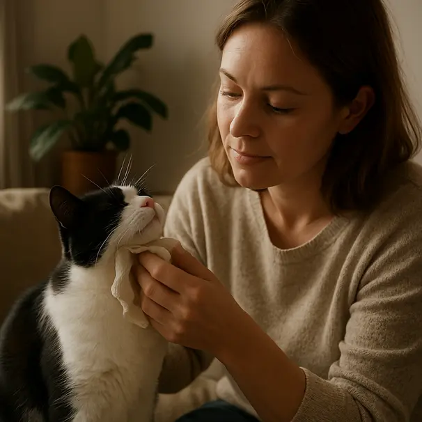 Pet carer wiping a black-and-white cat's chin with a damp cloth in a cozy home setting
