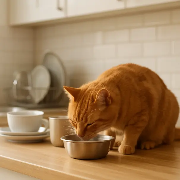 Ginger cat eating from a stainless steel bowl in a bright kitchen, highlighting clean non-plastic bowls